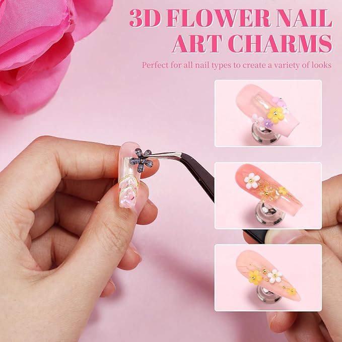 3 Boxes 3D Flower Nail Charms and Gems - Colorful Nail Flower & Metal Butterfly Charms Clear Rhinestones Gemstones Silver/Gold Caviar Beads White Pearls with Nail Chain for DIY Nails (14-S3-Mixed3)