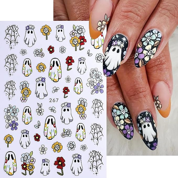 8 Sheets Halloween Nail Art Stickers Decals 3D Self-Adhesive Heart Spider Web Pumpkin Skull Flower Nail Decals Cute Ghost Nails Decorations Gothic Nail Stickers for Women Halloween Manicure Supplies
