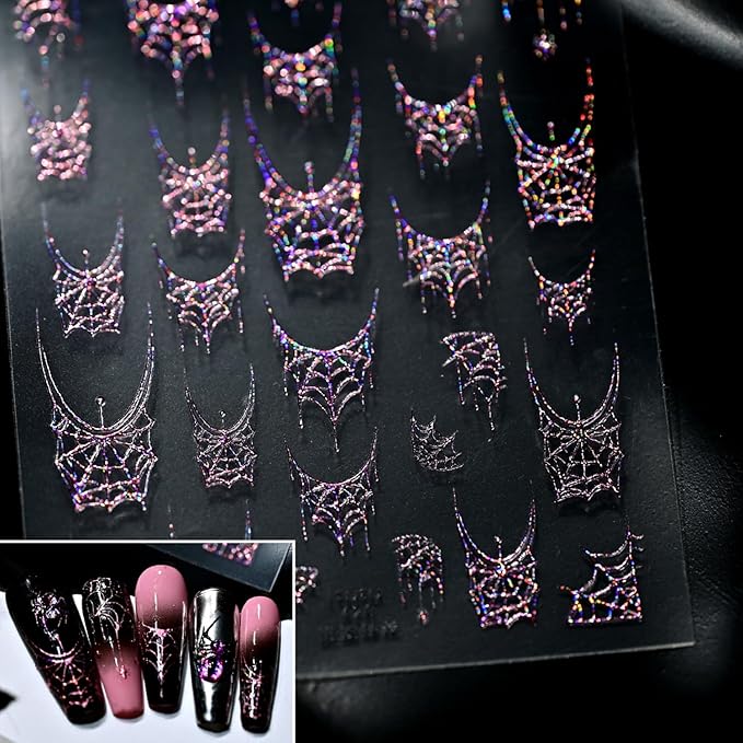 1 Sheets Halloween Nail Stickers for Nail Art 5D Self-Adhesive Embossed Pink Spider Web Nail Art Stickers Halloween Spider Web Nail Decals Glitter Nail Design Sticker for Women DIY Nails Decoration