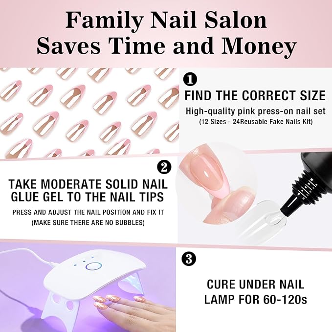 16-size Pink French Almond-Shaped Press-On Nails Kit with Portable 12W LED Nail Lamp, and Tool Set—Ultimate Combo for Enhanced Durability and Longevity.