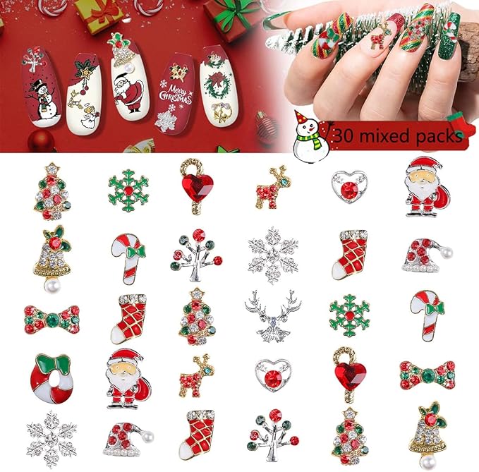 30Pcs Christmas Nail Charms and Gems 3D Metal Snowflakes Elk Candy Nail Jewelry Rhinestone Supply Winter Christmas Tree Socks Santa Claus Nail Art Charms for Women DIY Xmas Nails Decoration Supply