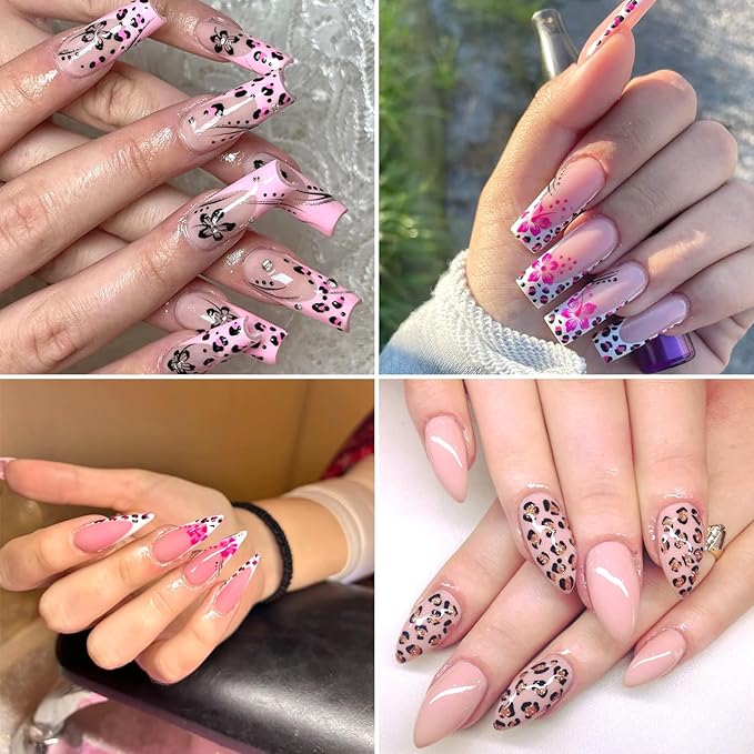 4Sheets Leopard Print French Tip Nail Art Stickers 3D Hibiscus Flower Nail Decals Self-Adhesive Leopard Print Nail Stickers with Glitter Design Lips Heart Sticker for Women Nails Decor