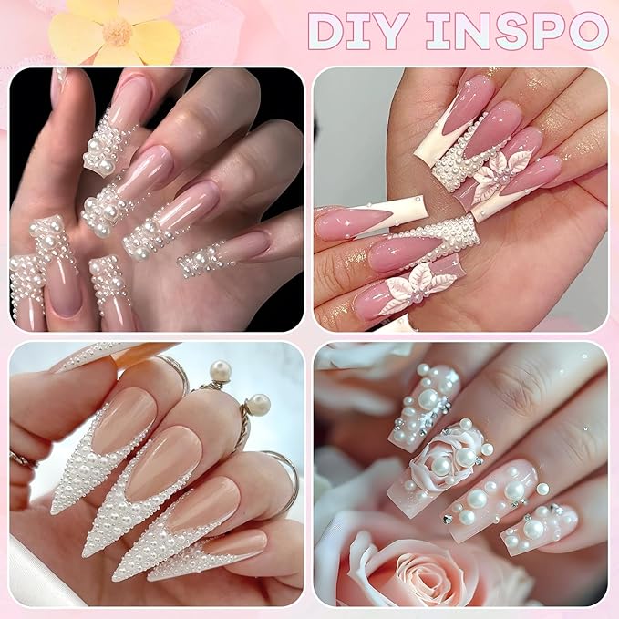 1 Box Nail Pearls Kit for Nail Art with Rhinestone Glue, White Pearl Nail Charms for Nails Design (Flatback+Round), Nail Charms and Gems for Manicure Decor with Pickup Pencil and Tweezers