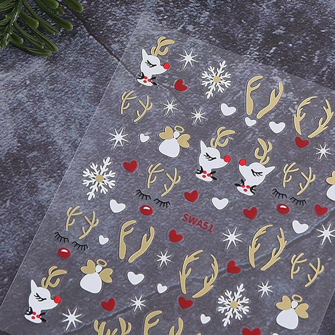 4 Sheets Christmas Nail Art Stickers White Elk Nail Decals with Xmas Snowflake Gold Silver Antlers Design 3D Self-Adhesive Nail Stickers Acrylic Nail Supplies for Women DIY Christmas Decorations