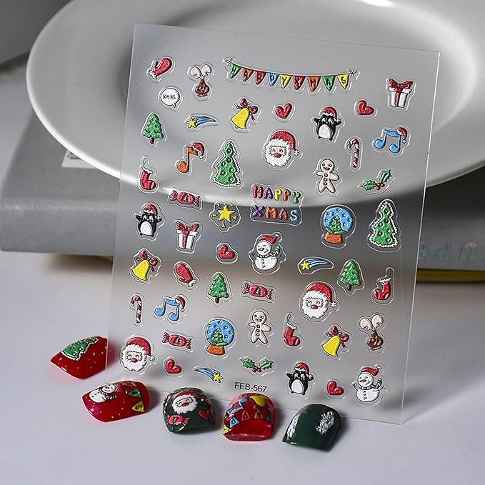 Christmas Nail Stickers for Nail Art - 5D Embossed Nail Decals Santa Claus Gift Nail Art Stickers Self-Adhesive Nail Supplies for Women Winter Xmas Holiday Manicure DIY Nails Decoration