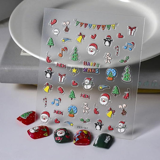 Christmas Nail Stickers for Nail Art - 5D Embossed Nail Decals Santa Claus Gift Nail Art Stickers Self-Adhesive Nail Supplies for Women Winter Xmas Holiday Manicure DIY Nails Decoration