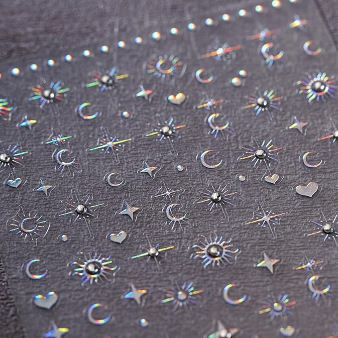 5D Embossed Star Moon Nail Art Stickers Decals Self Adhesive Nail Decals Aurora Star Moon Nail Stickers with Rhinestone Designs Manicure Sliders for Women DIY Nail Art Decorations