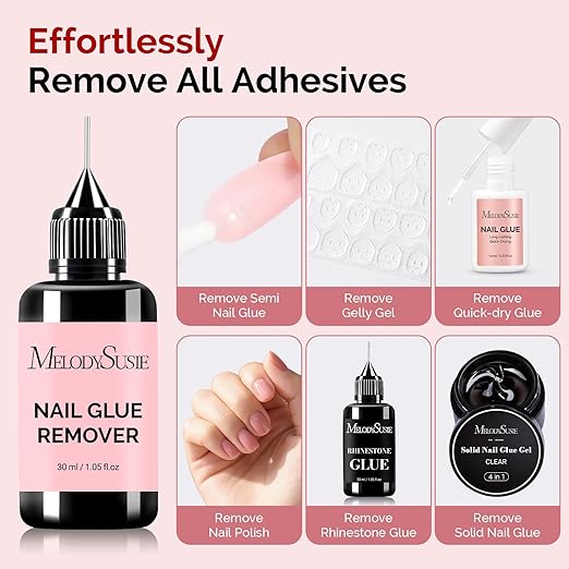 MelodySusie 2PCS Nail Glue Remover for Press on Acetone Free Nail Polish Remover Multi-Functional Remover for Nails Tips Gentle Glue Remover for Gel x Nails for Home Salon 30ML