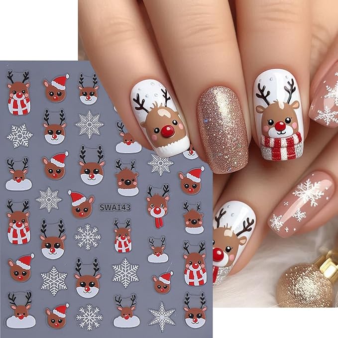 Christmas Nail Art Stickers Decals Deer Snowflake Design 3D Self-Adhesive Xmas Nail Decals Nail Art Supplies Cute Cartoon Glitter Nose Deer Snowflakes Holiday Stickers for Nails Manicure Decorations