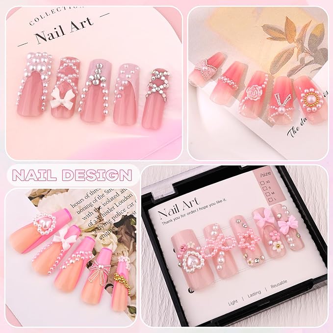 1 Box Nail Pearls Kit for Nail Art with Rhinestone Glue, White Pearl Nail Charms for Nails Design (Flatback+Round), Nail Charms and Gems for Manicure Decor with Pickup Pencil and Tweezers