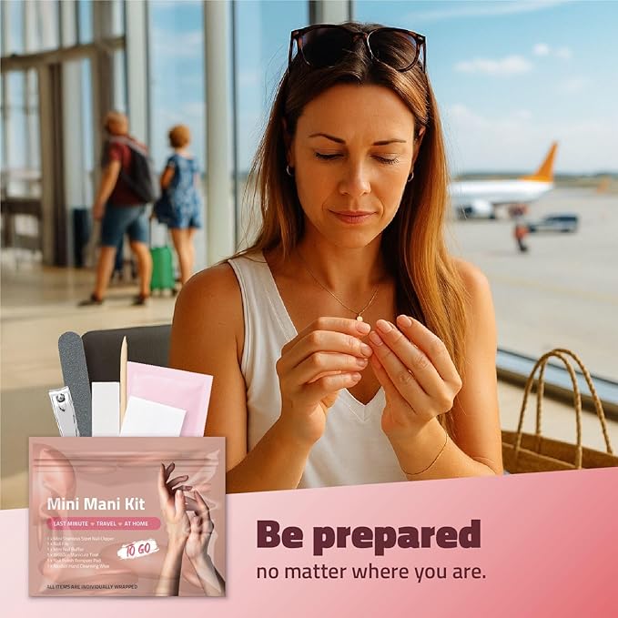 Mini Mani Kit – Disposable Manicure Set with Nail Clipper, File, Buffer, Cuticle Stick & Polish Remover Pad – Compact One-Time Use Nail Care Kit for Travel, Purse, Desk, or Car (Pink)