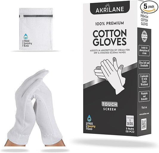 AKRILANE Touch Screen 1 Size Large 5 Pairs Cotton Moisturizing Gloves for Dry Hands | Eczema, Psoriasis & Skin Spa Treatment for Women & Men | Free Laundry Bag