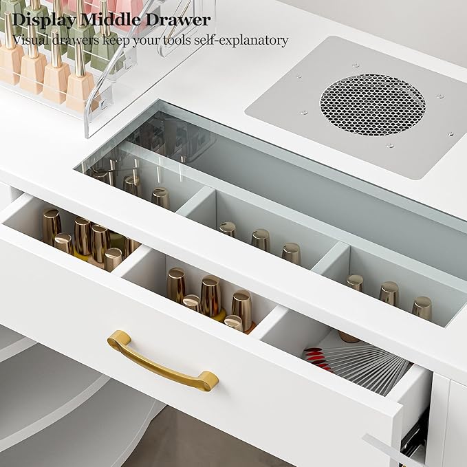 Nail Tech Table with Dust Collector, Glass Top Manicure Table Nail Desk Station w/7 Drawers & 3-Tiers Open Shelves, Nail Beauty Workstation w/Wrist Cushion & Acrylic Display Rack（White）
