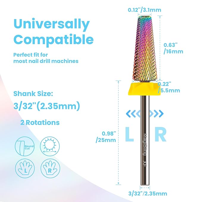 xf 5 in 1 Nail Drill Bits, 16mm Tapered 3/32'' Professional Tungsten Carbide Bits for Efile, 2 Rotation for Electric Drill, Remove Thin Gel, Manicure Cuticle Gel Polishing, Techs Bits, Extra Fine.