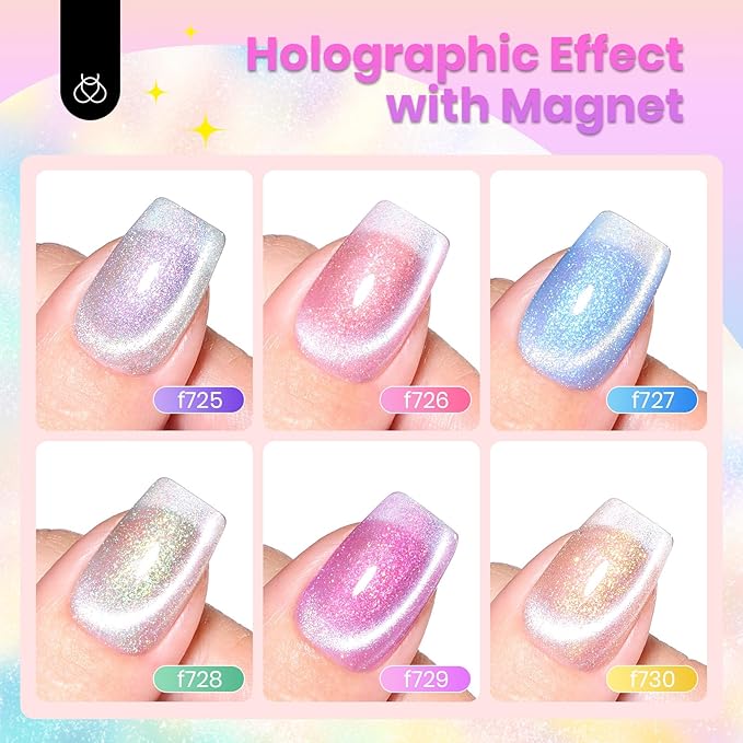Beetles Cat Eye Gel Nail Polish Set - 6 Colors Summer Chameleon Cat Eye Green Silver Pink Blue Purple Green with Magnet Soak Off UV Fairy's Descent Collection Salon Nail Art Manicure Gift for Women