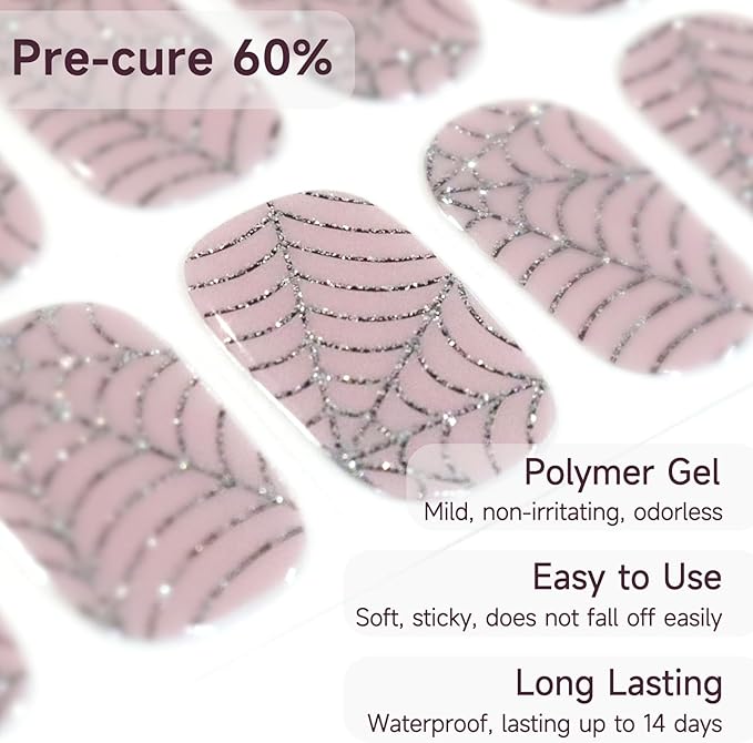 Semi Cured Gel Nail Strips | 28 pcs Gel Nails Strips Halloween Work with Any UV Lamps, Long Lasting UV Nail Stickers for Women DIY Nails Wraps (Spider Web)