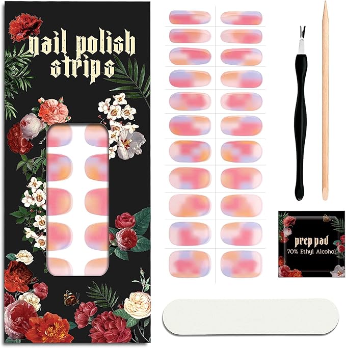 Nail Polish Strips - 22 Pcs Salon Quality Gel Nail Stickers - Long Lasting Wraps (Strawberry Cocktail Pink&Orange)