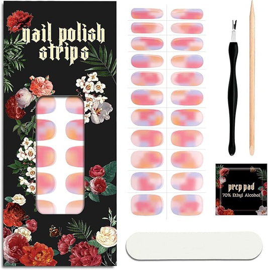 Nail Polish Strips - 22 Pcs Salon Quality Gel Nail Stickers - Long Lasting Wraps (Strawberry Cocktail Pink&Orange)