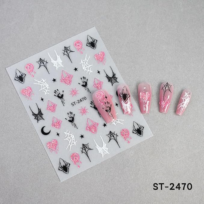 Halloween Nail Art Stickers, Cute Ghost Nail Art Decals 3D Self-Adhesive with Pink Bat Pumpkin Heart Skull Spider Web Nail Design 6Pcs Halloween Nail Art Supplies for Women Nail Decoration