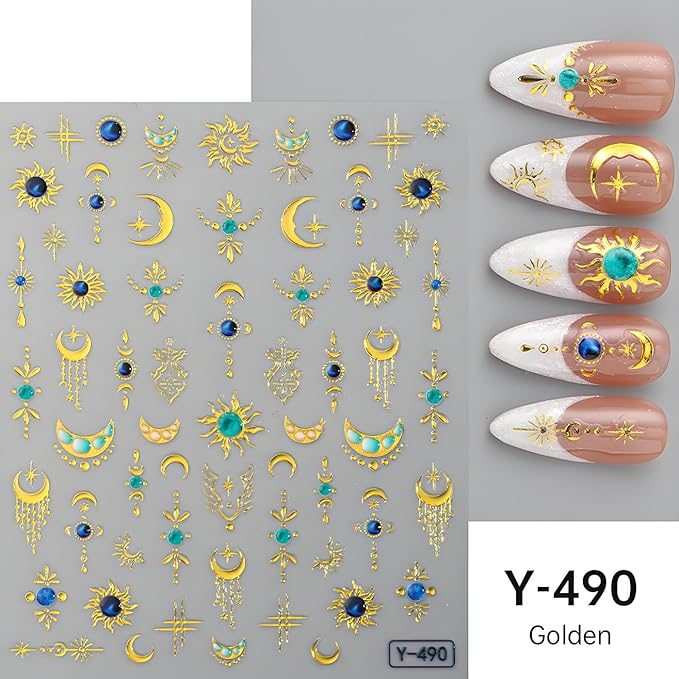 Boho Sun Moon Nail Art Stickers, Star Nail Art Decals 3D Self-Adhesive Gold Silver Sun Moon Nails Stickers Glitter Nail Design 4Pcs Nail Art Supplies for Women and Girls Manicure DIY Decoration
