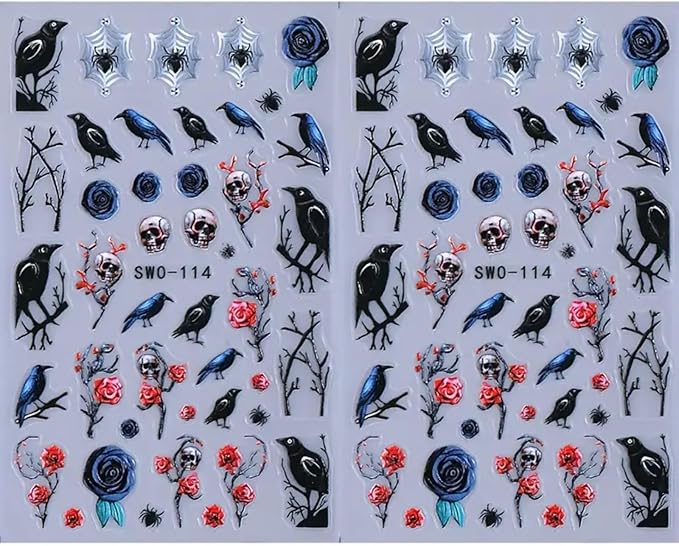2 Sheets Halloween Nail Art Stickers 5D Embossed Black Bird Nail Decals Dark Skull Crow Dead Tree Nail Design Manicure Sliders Self-Adhesive Horror Halloween Nail Accessories for Women Nail Art