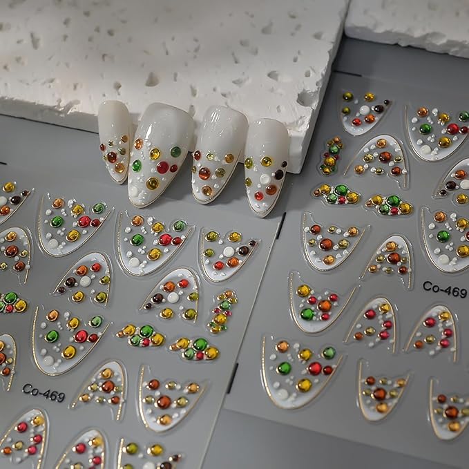 French Tip Nail Stickers for Nail Art Yellow Green Red Gems Design 5D Nails Decals Self Adhesive Colorful Rhinestone French Nails Art Stickers for Women Luxury Manicure Decoration Accessories 1pcs