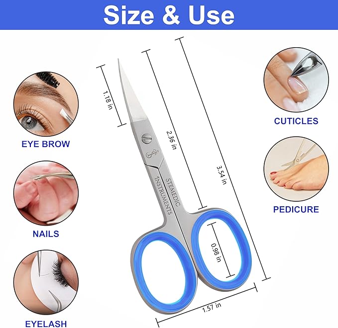 Nail Cuticle Scissors Curved Eyebrow Scissors for Nail, Cuticle, Eyelashes, Nose Hair, Mustache and Beard - Manicure and Pedicure Small Scissors for Men and Women (Blue)