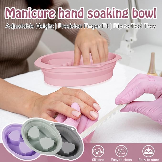 Nail Soaking Bowl, Silicone Foldable Soak Off Gel Polish Dip Powder Manicure Remover Bowl, with Cuticle Pusher, Cuticle Peeler, Nail File
