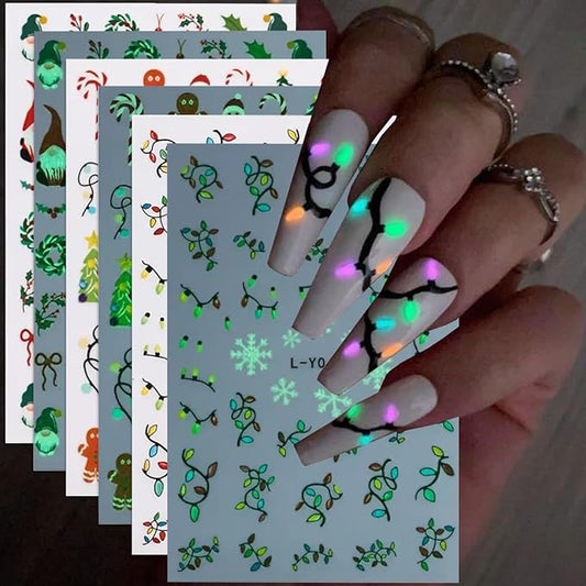 Christmas Nail Art Stickers Decals Luminous String Light Snowflake Nail Stickers 6PCS Glow in Dark Lanterns Santa Claus Xmas Tree Leaf Xmas Nail Decals Nail Art Supplies for Women Nail Decorations