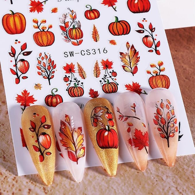 Fall Nail Stickers Autumn Pumpkin Maple Leaf Nail Art Stickers 6PCS 3D Self-Adhesive Fallen Leaf Pumpkins Flowers Fall Nails Design Manicure Decals Supply for Thanksgiving Day DIY Nail Decorations