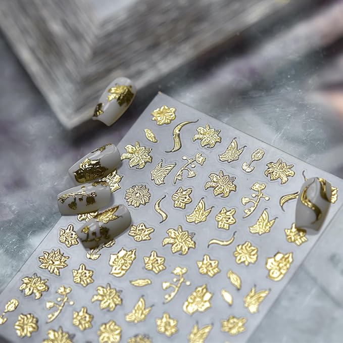 1 Sheets 5D Embossed Fall Nail Stickers for Nail Art Self-Adhesive Gold Flower Nail Art Stickers Gold Butterfly Autumn Leaves Nail Decals Floral Nail Design Sticker for Women Nails Decoration