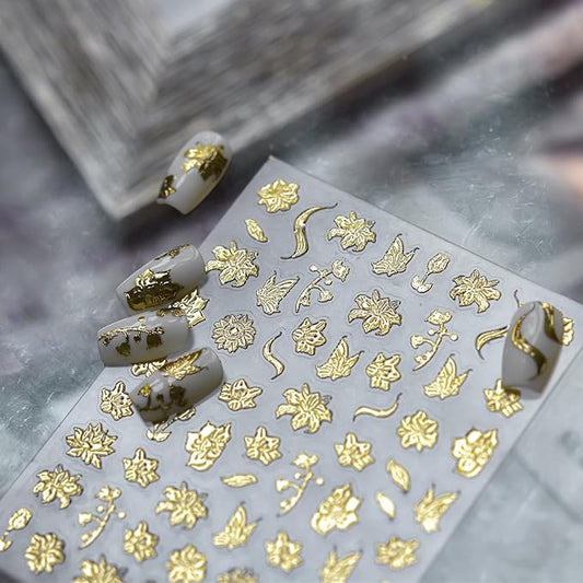1 Sheets 5D Embossed Fall Nail Stickers for Nail Art Self-Adhesive Gold Flower Nail Art Stickers Gold Butterfly Autumn Leaves Nail Decals Floral Nail Design Sticker for Women Nails Decoration