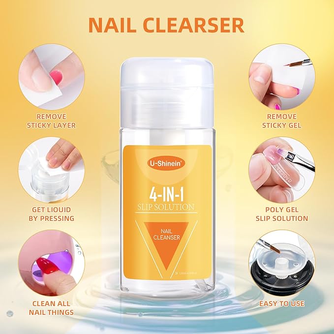 120ml Nail Slip Liquid, 4-in-1 Poly Nail Gel Slip Solution Poly Nail Extension Gel Liquid Slip Solution Builder Gel, Nail Cleaner Liquid Nail Polish Remover Nail Art Home DIY