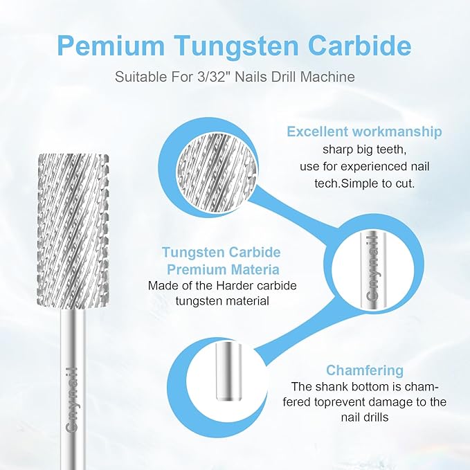3/32" Large Barrel Bit Tungsten Carbide Nail Drill Bit Safety Bit for Gel & Acrylic Removal, 2- Way Rotating Efile Tip, Salon Electric File Accessory (C Girt, Silver)
