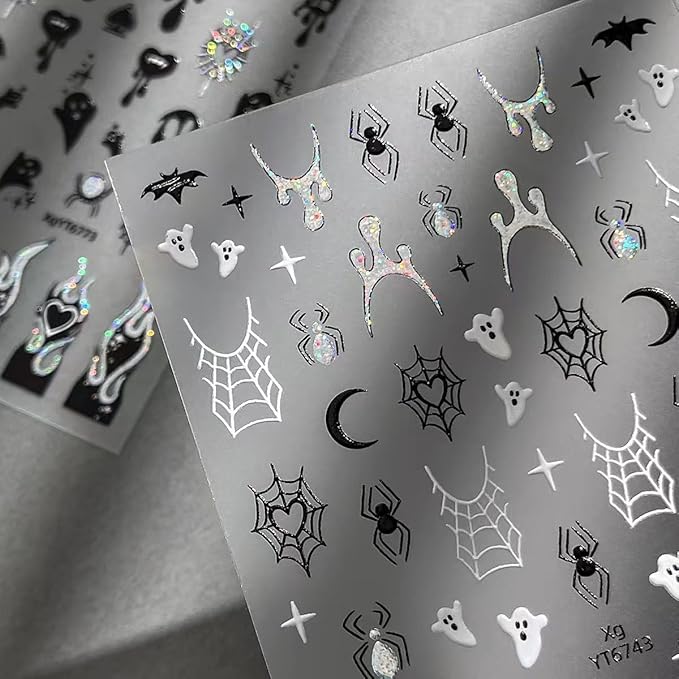 3 Sheets Halloween Nail Stickers Decals Gothic Ghost Nail Art Stickers Self-Adhesive Retro Dark Wind Flame Blood Nails Design Stickers 3D Goth Spider Web Nails Supplies for Women Nail Decorations
