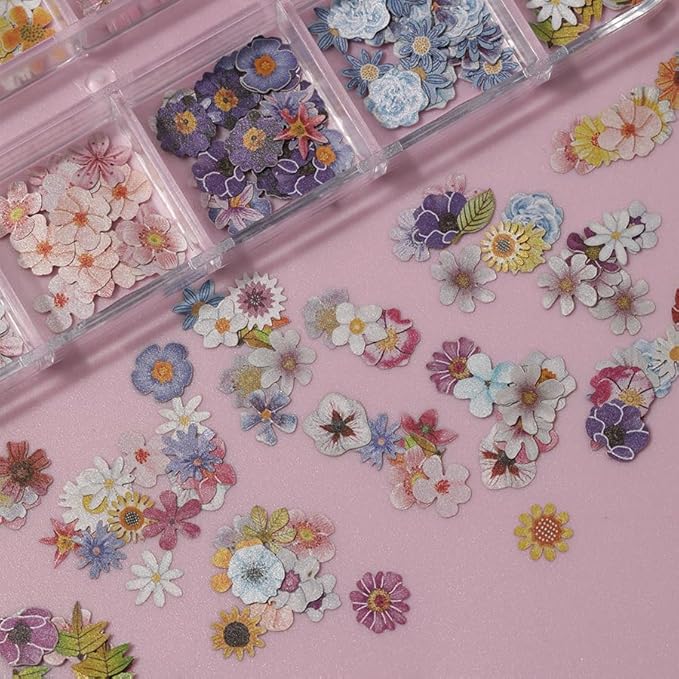 300pcs 3D Flower Nail Art Sequins Decals Colorful Mixed Flowers Leaves Design Slice Nail Flowers Ultra Wood Pulp Flakes Sequins 3