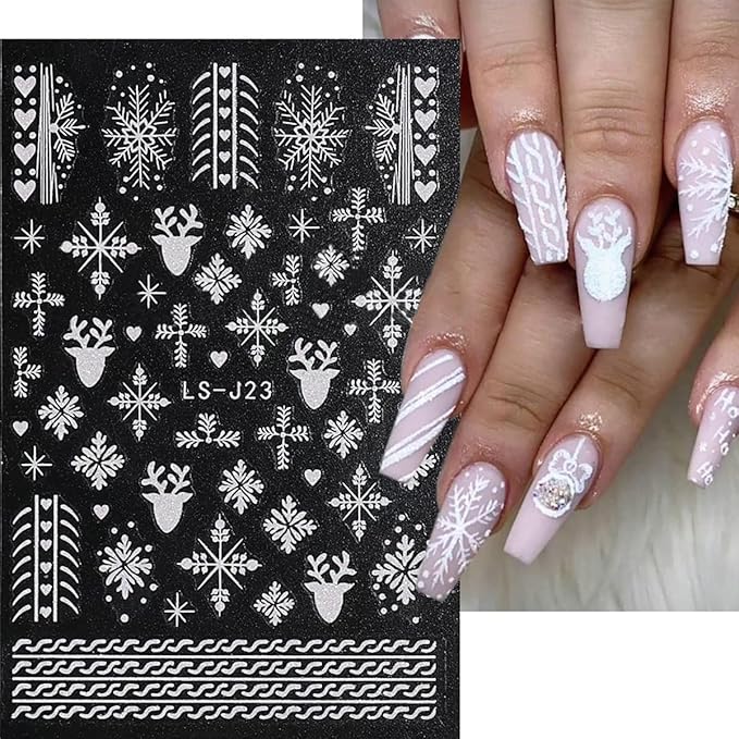 6 Sheets Glitter Silver Snowflake Nail Art Stickers 3D Christmas Nail Decals Self Adhesive Xmas Winter Nail Design Holiday Reindeer Snowflakes Nail Stickers for Women Girls Christmas Nail Decoration
