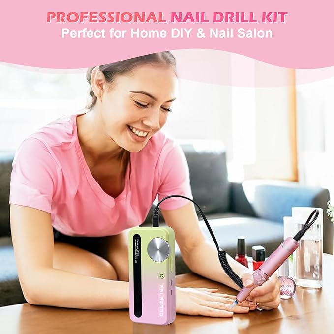 Electric Nail File, 35000RPM Nail Drill Kit with Bits, Professional Nail Drill Cordless for Acrylic Nails, Portable Rechargeable Nail Filer Electric, Efile Nail Drill Acrylic Nails Tool (Yellow Pink)