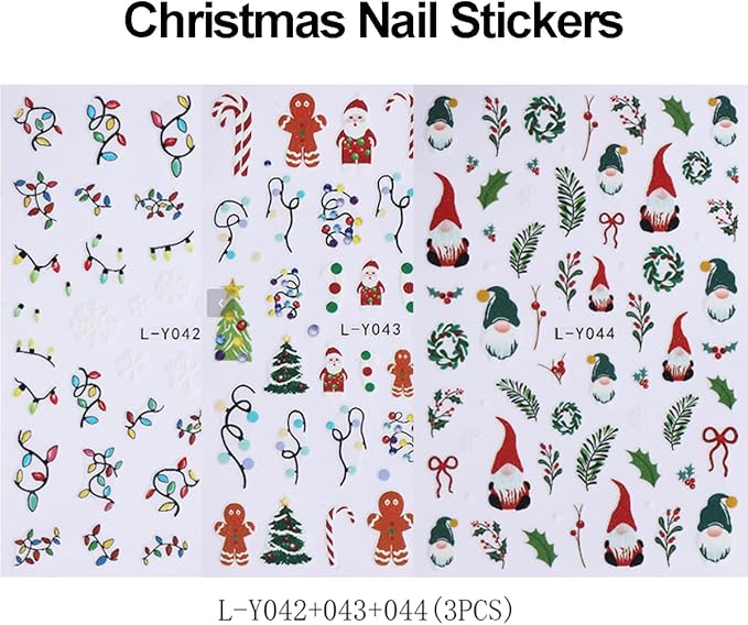 3 Sheets Christmas Nail Art Stickers Santa Claus Nail Decals with Xmas Tree Colored Light Design 3D Self-Adhesive Glowing Nail Stickers Acrylic Nail Supplies for Women DIY Christmas Decorations