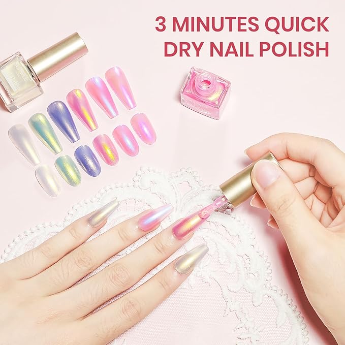 Pearl Nail Polish Set Non Gel, Quick Dry Mermaid Shell Nail Polish Air Fast Drying Manicure DIY Salon Gift(White Pink Blue Green Colors)