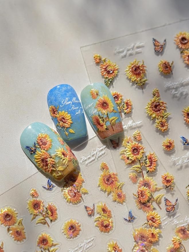 Sunflowers Nail Stickers 5D Embossed – Premium Salon-Quality Charm Accessories, Easy Application & Self-Adhesive Blooming Floral Sunflower Sticker, DIY Manicure, Art, Press on, Home or Salon