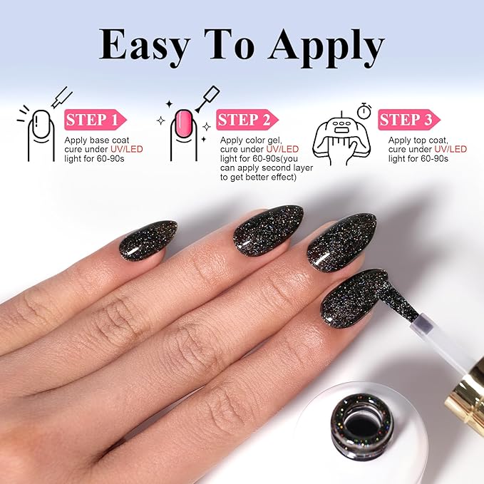 Imtiti Glitter Gel Nail Polish, 0.5 Fl Oz Black Glitter Gel Polish Soak Off LED U V Iridescent Shimmer Sparkle Nail Gel Polish DIY Nail Art Starter Manicure Salon Gel Nail Polish Kit for Women Girls