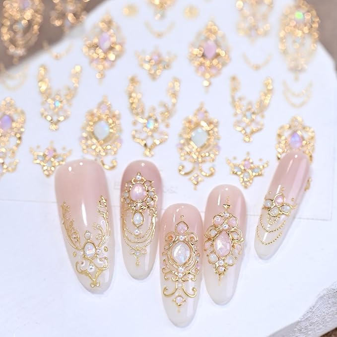 5D Embossed Gold Nail Stickers for Nail Art Gemstone Nail Art Stickers Vintage Gold Nail Decals Self Adhesive Nail Design Manicure Supplies Charm for Women Girls Nails Decorations