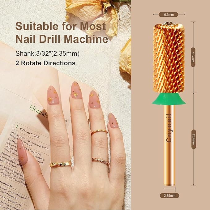3/32" Large Barrel Crystal Top Tungsten Carbide Nail Drill Bit Safety Bit for Gel & Acrylic Removal, 2-Way Rotating Efile Tip, Salon Electric File Accessory (C Grit, Ti-Gold)