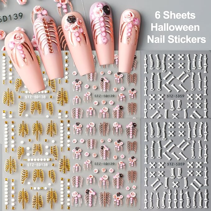 6Pcs Halloween Nail Stickers for Nail Art, 5D Embossed Skeleton Decals Self-Adhesive Nails Supplies Rose Gold White Bone Skeleton Designs Goth Nail Stickers for DIY Manicure Decor