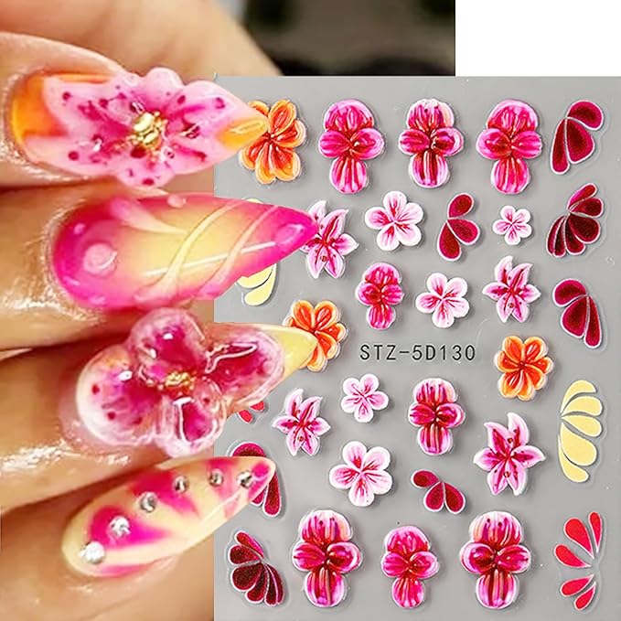2 Sheets Flower Nail Stickers for Nail Art 5D Embossed Cherry Blossom Nail Decals Self-Adhesive Summer Hibiscus Flowers Nail Art Stickers Pink Floral Designs Nail Decal for Women Nail Decoration