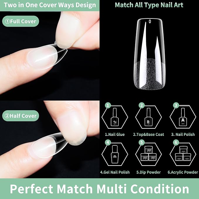 Long Square Nail Tips, 216pcs Acrylic Fake Nails Gel Nail Tips Soft, Full Cover Pre-Shaped Matte Clear Press on Nails for Extension, Diy at Home Manicure 10 Sizes