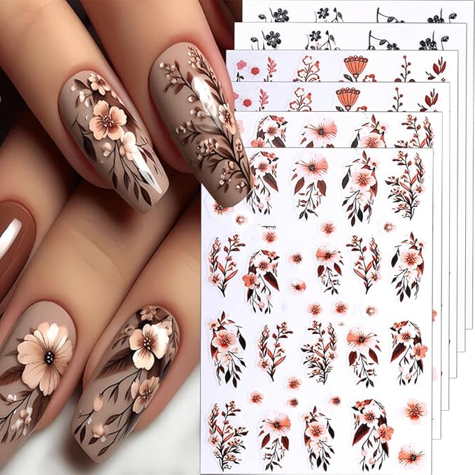 6Pcs Fall Nail Stickers Brown Orange Black Flower Leaves Nail Decals DIY Self Adhesive Autumn Leaves Design Thanksgiving Nail Decoration Supplies Winter Holiday Manicure Accessories for Women Girls