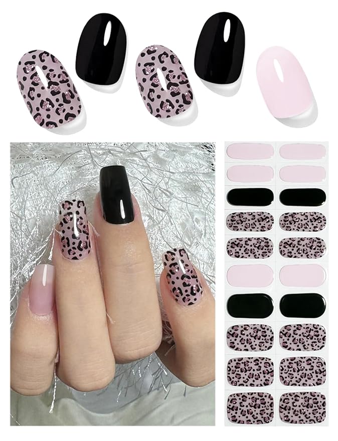 Semi Cured Gel Nail Wraps, 20pcs Nail Stickers UV - Pink Leopard
