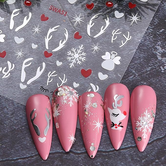 4 Sheets Christmas Nail Art Stickers White Elk Nail Decals with Xmas Snowflake Gold Silver Antlers Design 3D Self-Adhesive Nail Stickers Acrylic Nail Supplies for Women DIY Christmas Decorations